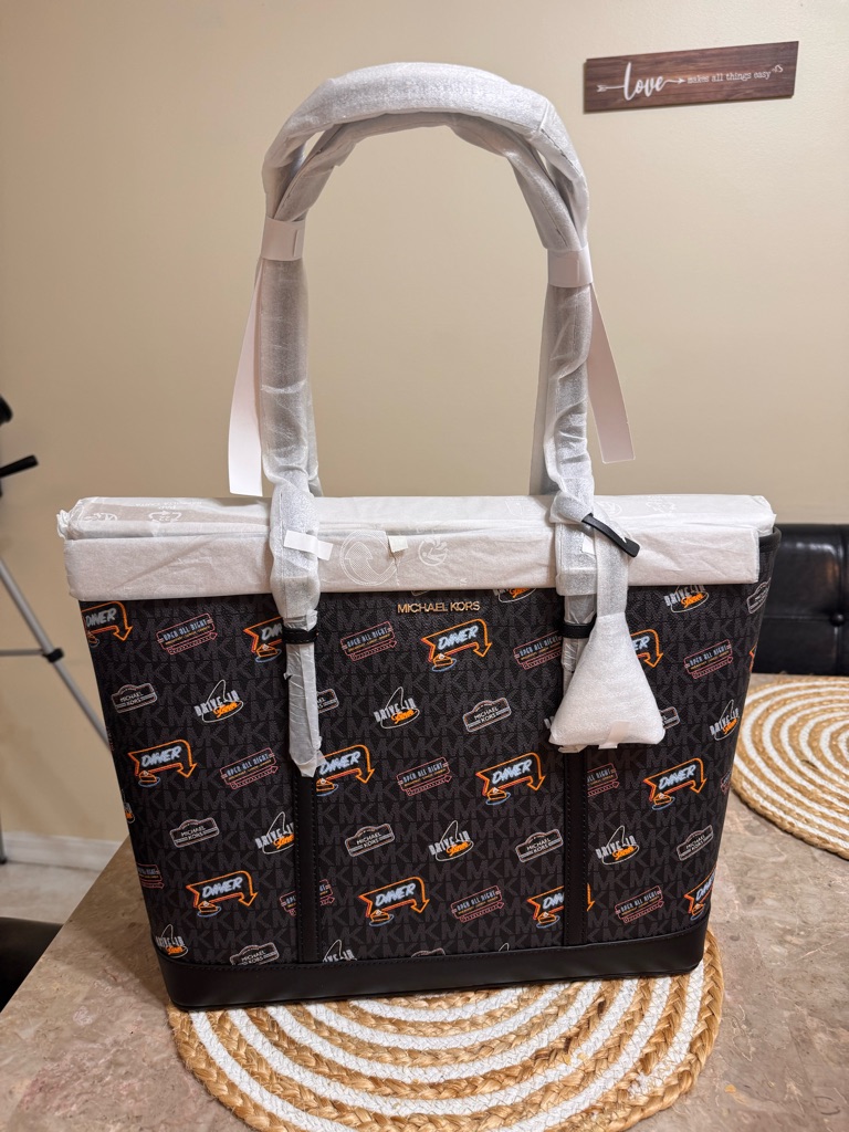 Michael Kors Black & Brown Logo Tote With Orange Accent Patches